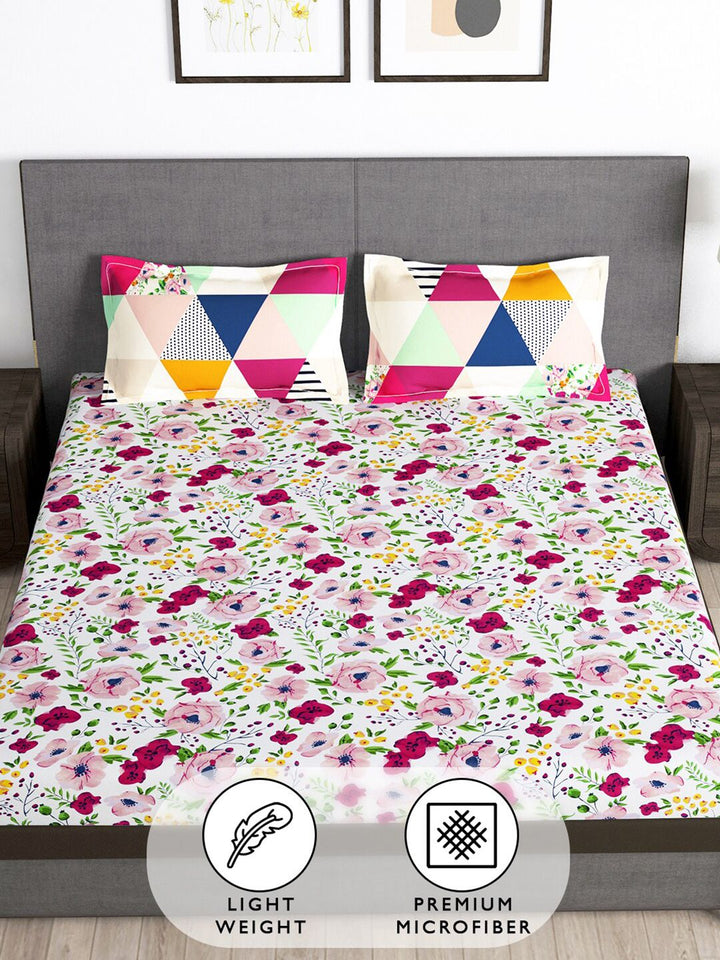 Story@home White & Pink Geometric 180 TC Queen Bedsheet with 2 Pillow Covers