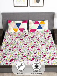 Story@home White & Pink Geometric 180 TC Queen Bedsheet with 2 Pillow Covers