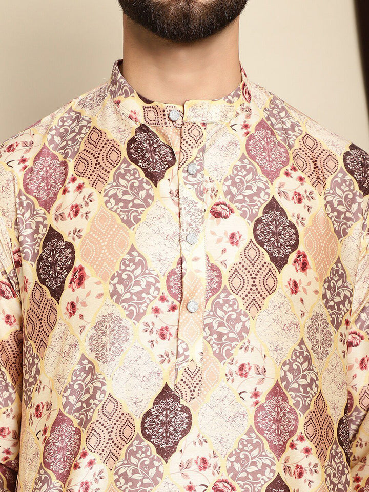 Anouk Beige Ethnic Motifs Printed Mandarin Collar Straight Kurta With Churidar