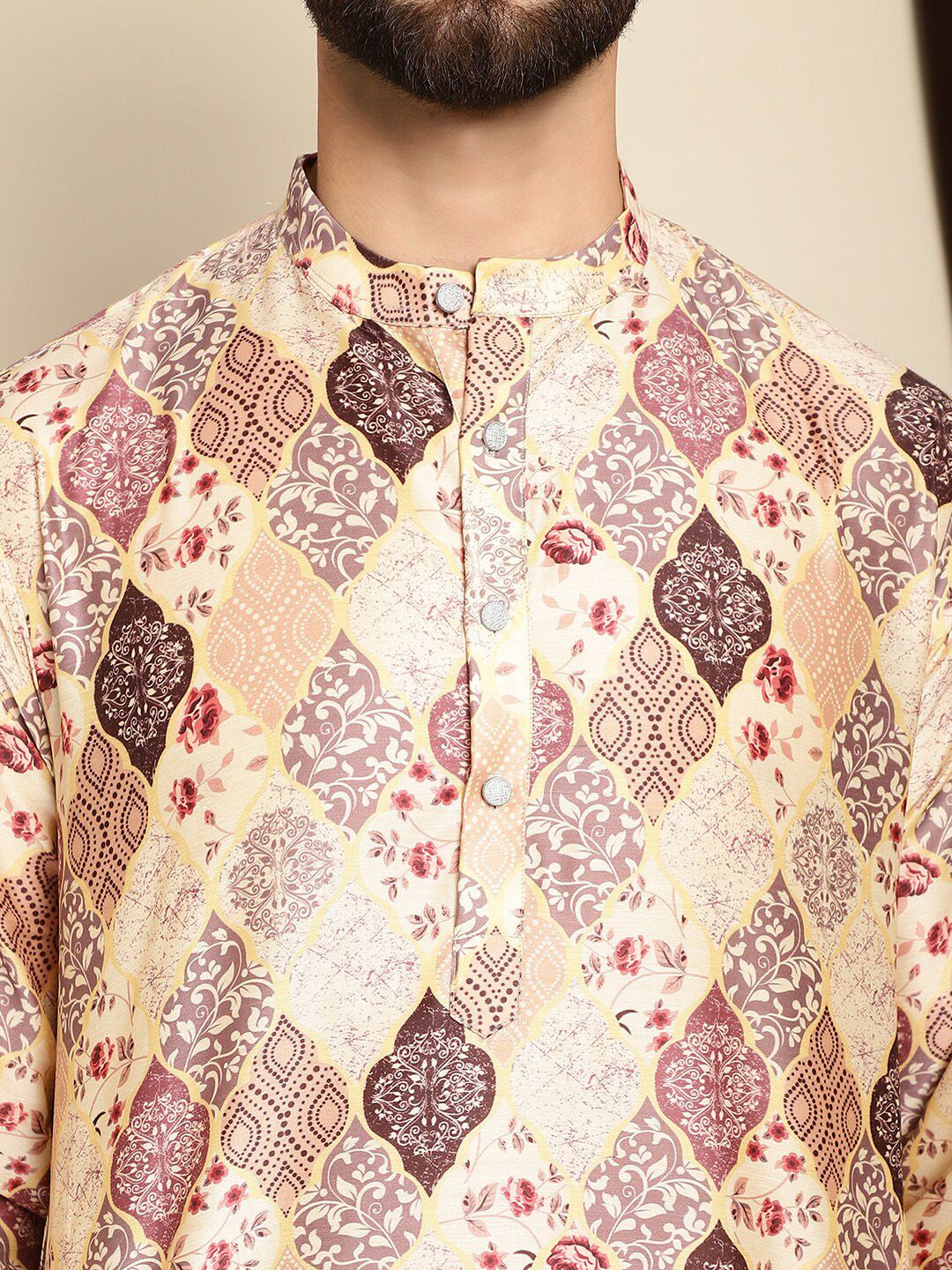 Anouk Beige Ethnic Motifs Printed Mandarin Collar Straight Kurta With Churidar