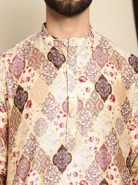 Anouk Beige Ethnic Motifs Printed Mandarin Collar Straight Kurta With Churidar