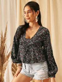 Quiero Green Floral Printed V Neck Crepe Top