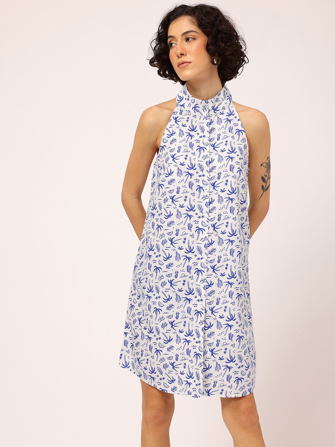 DressBerry Tropical Blues Button-Up A-Line Dress