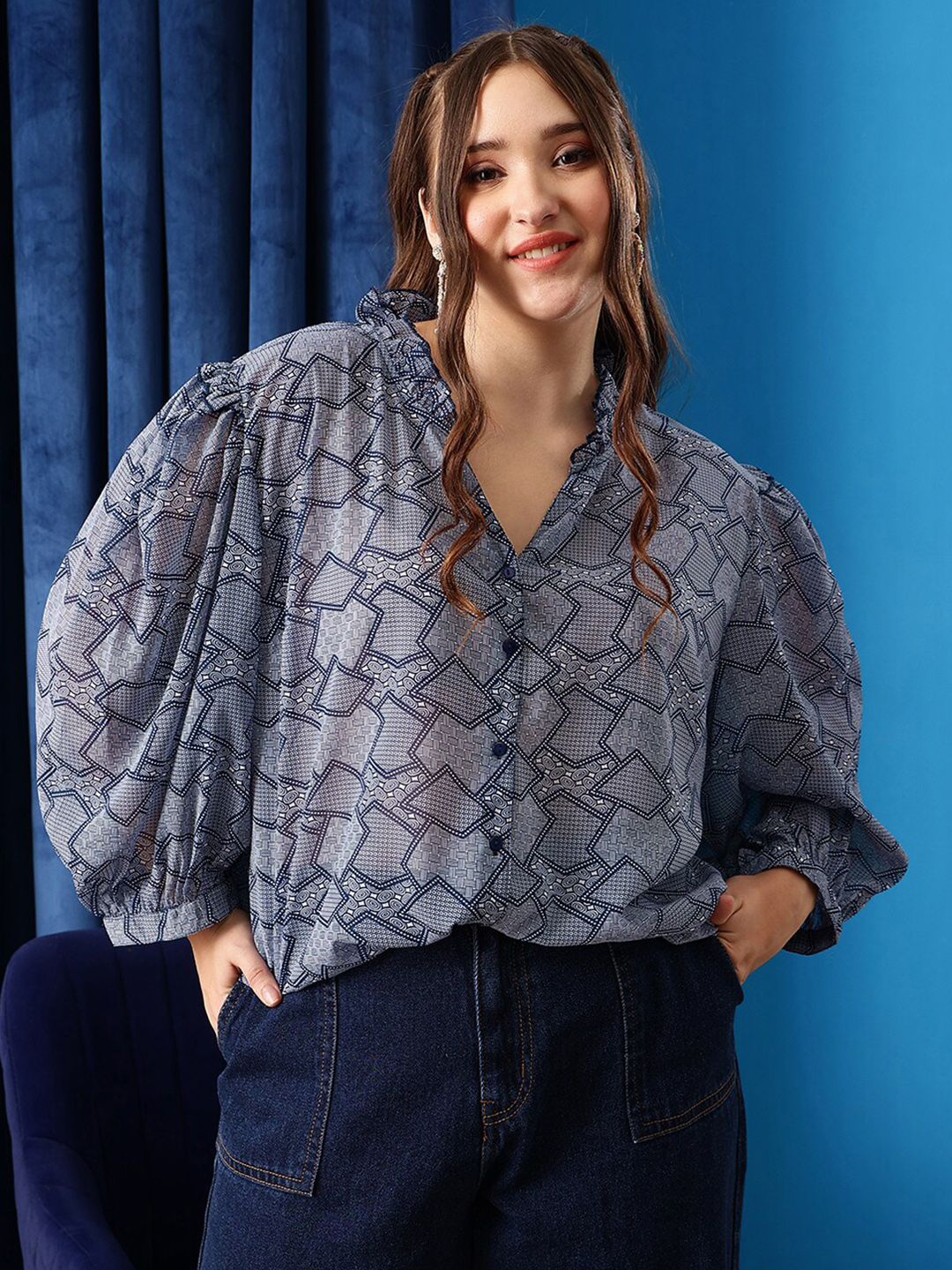 CURVY STREET Plus Size Lavender Geometric Printed Ruffles Shirt Style Top