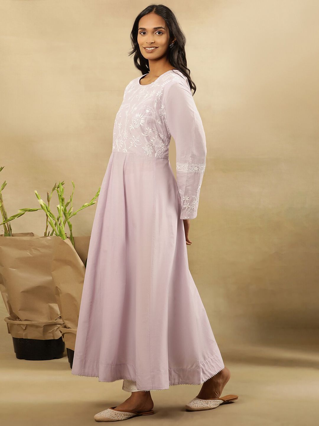 W Floral Yoke Design Thread Work Pastels Pure Cotton Anarkali Kurta