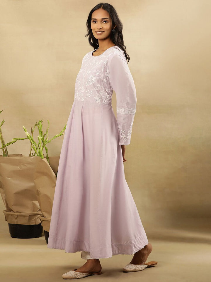 W Floral Yoke Design Thread Work Pastels Pure Cotton Anarkali Kurta