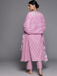 Libas Women Lavender Floral Printed Pure Cotton Kurta with Trousers & With Dupatta