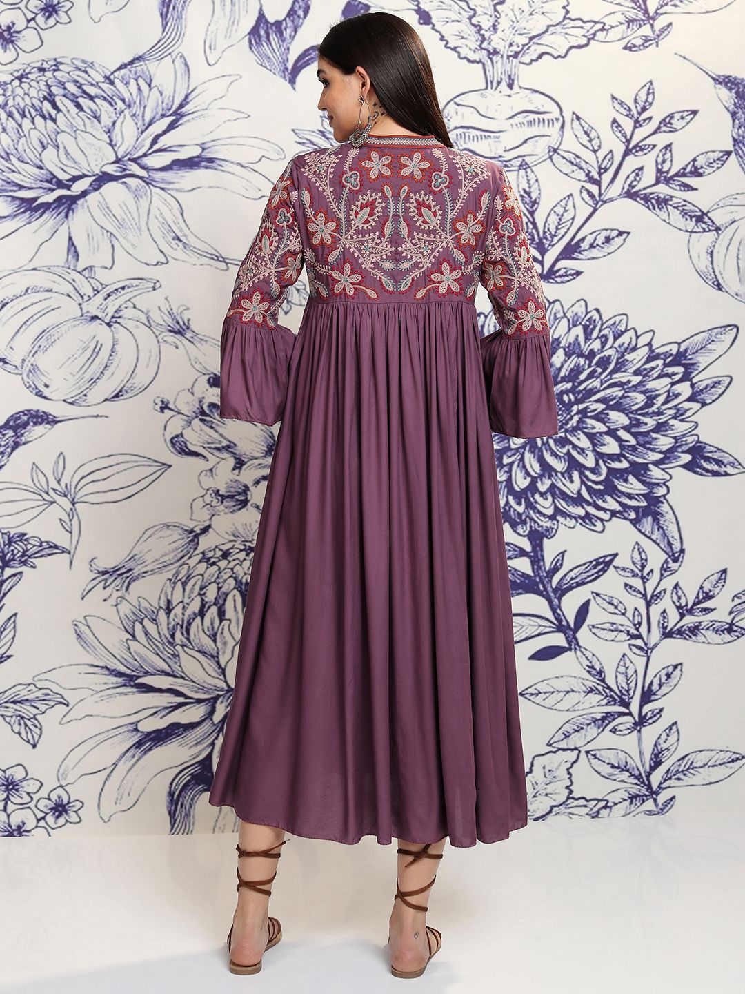 Vishudh Women Embroidered Tie-Up Neck Flared Sleeves Gathered Empire Midi Ethnic Dress