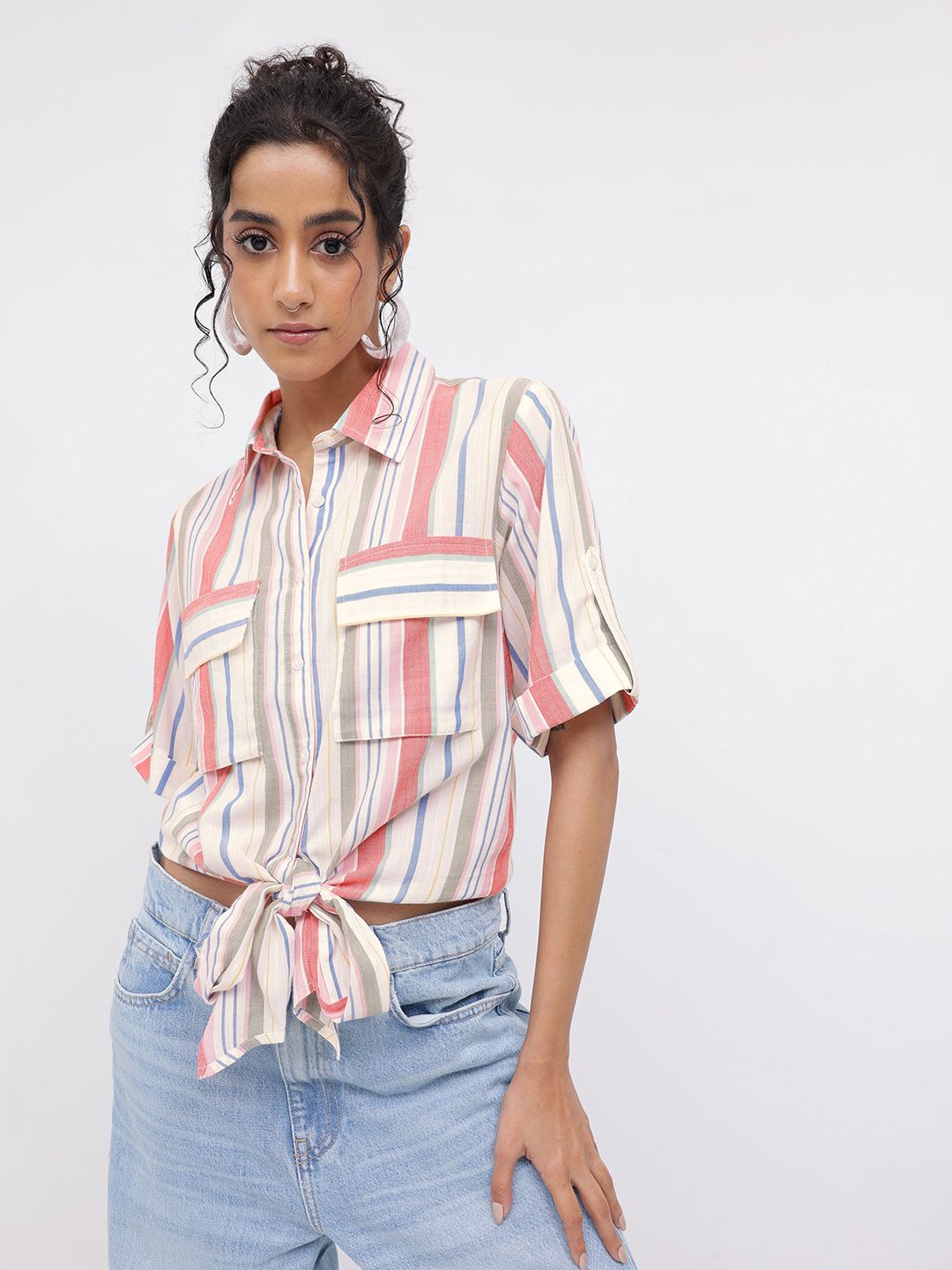 DressBerry Never Be Limited Striped Shirt Style Crop Top