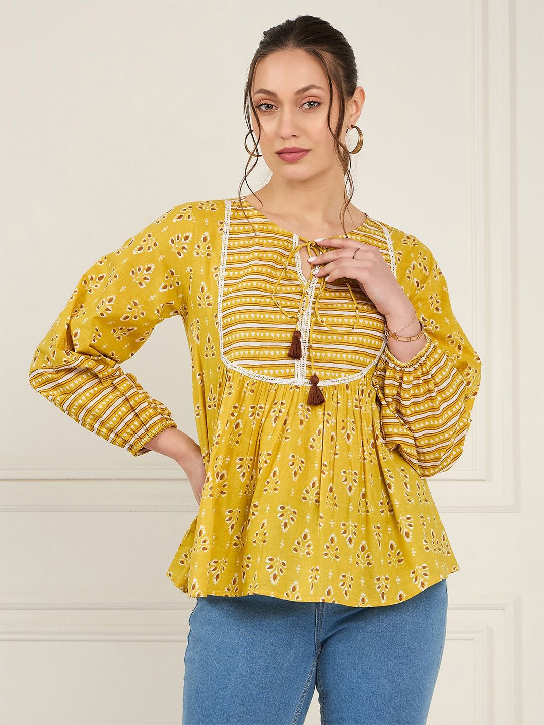 Antheaa Print Tie-Up Neck Puff Sleeve Cotton Top