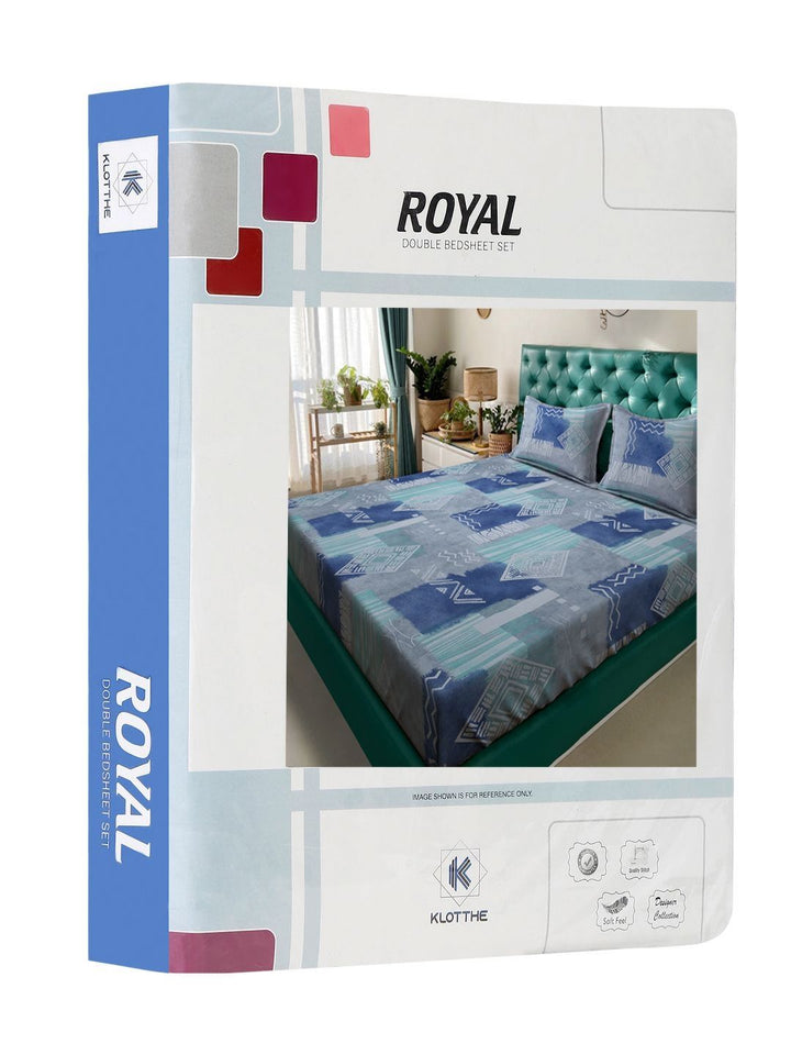KLOTTHE Blue Geometric Printed 400TC Pure Cotton Fitted Set Cadar Double King