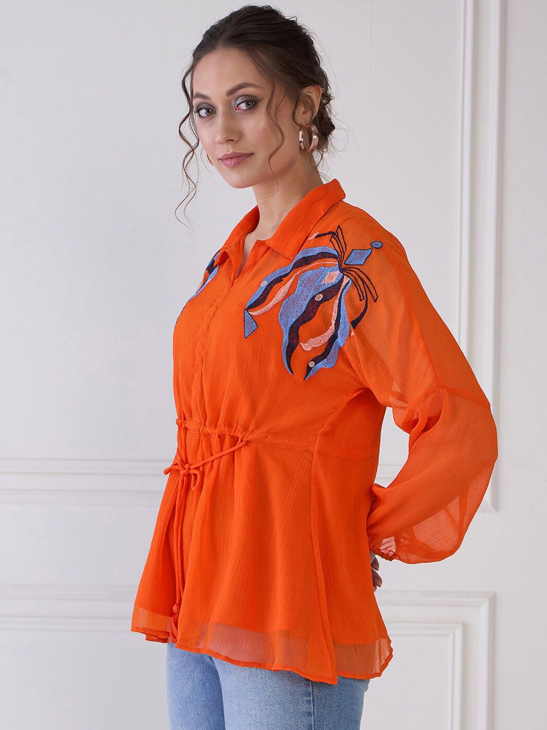 Antheaa Embroidered Floral Shirt Collar Extended Sleeves Semi Sheer Peplum Top