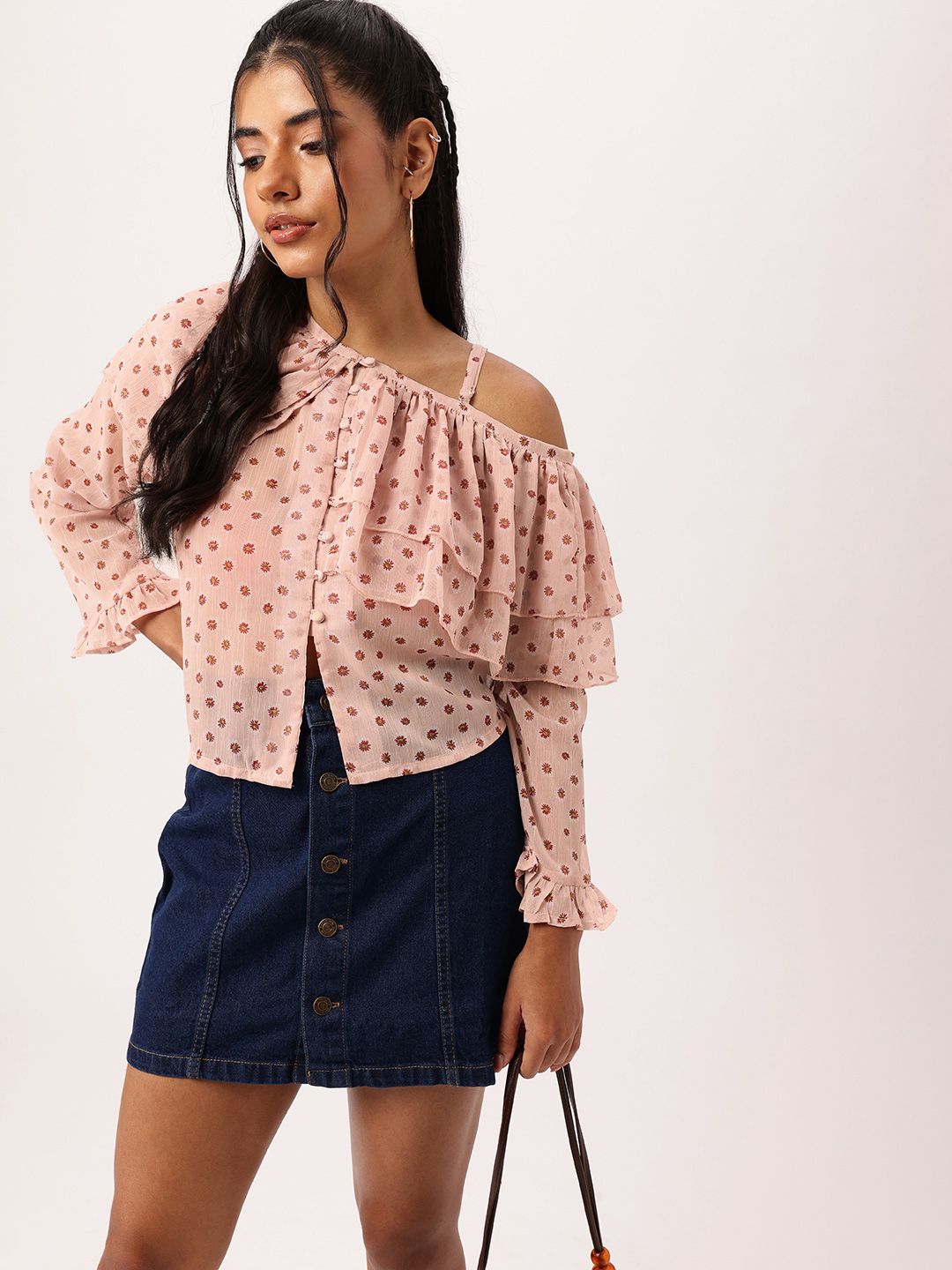 DressBerry Ruffles One-Shoulder Semi Sheer Top