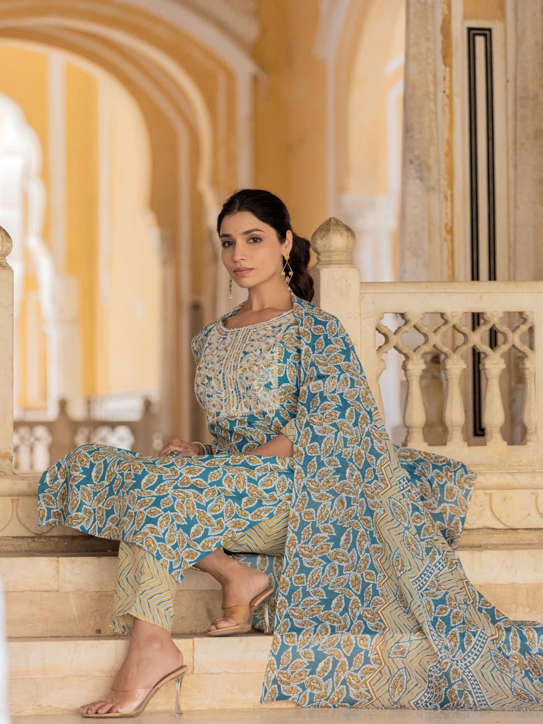Varanga Floral Printed Regular Thread Work Kurta with Trouser & Dupatta