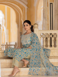 Varanga Floral Printed Regular Thread Work Kurta with Trouser & Dupatta
