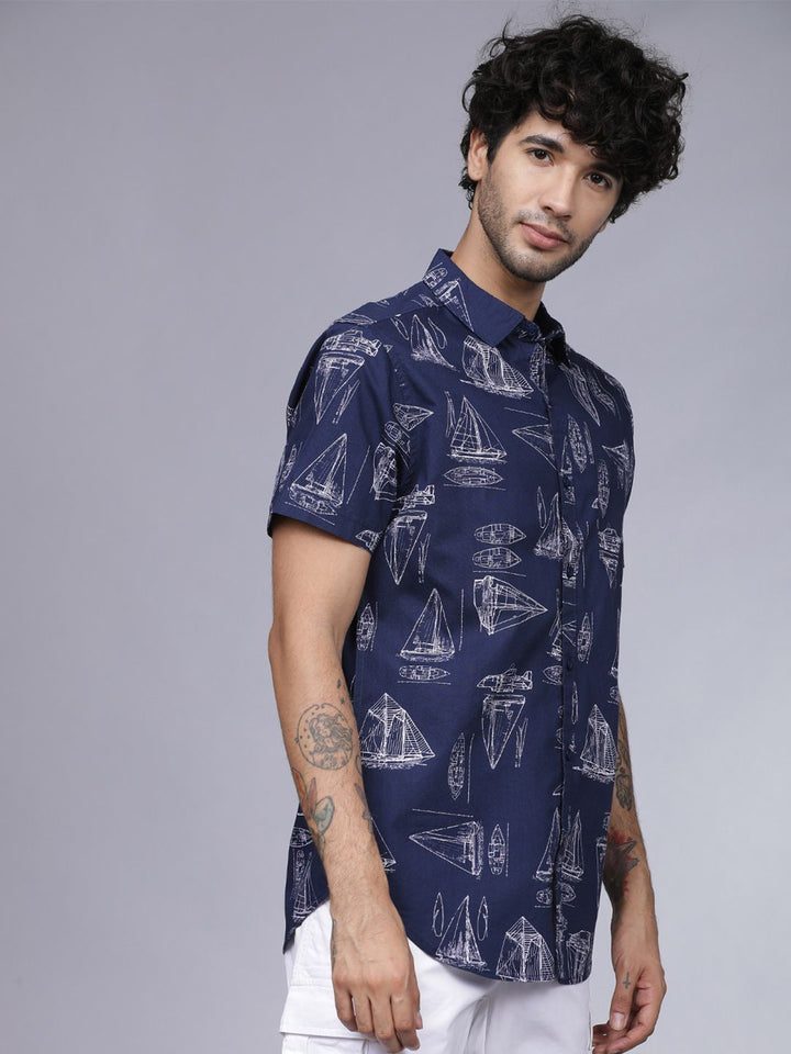 HIGHLANDER Men Navy Blue Slim Fit Printed Casual Shirt