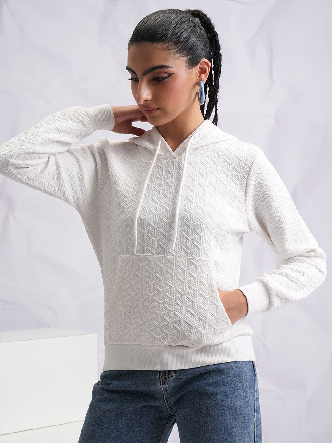 Tokyo Talkies White Self Design Hooded Pullover Sweatshirt