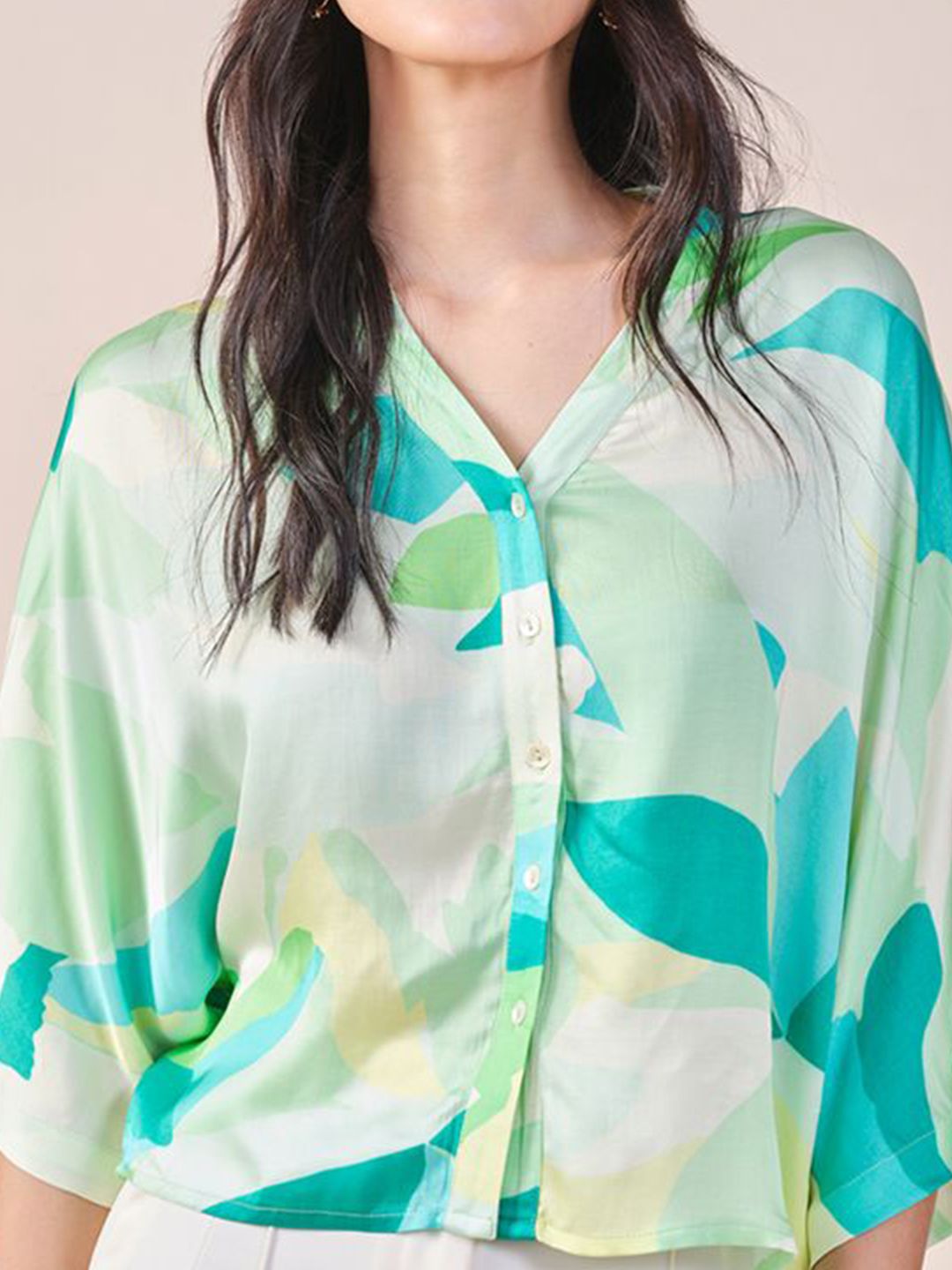 AND viscose rayon tropical print shirt collar extended sleeves shirt style top