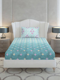 Monte Carlo Sea Green & Pink Printed 144 TC Single Bedsheet Set 2.29 m x 1.52 m