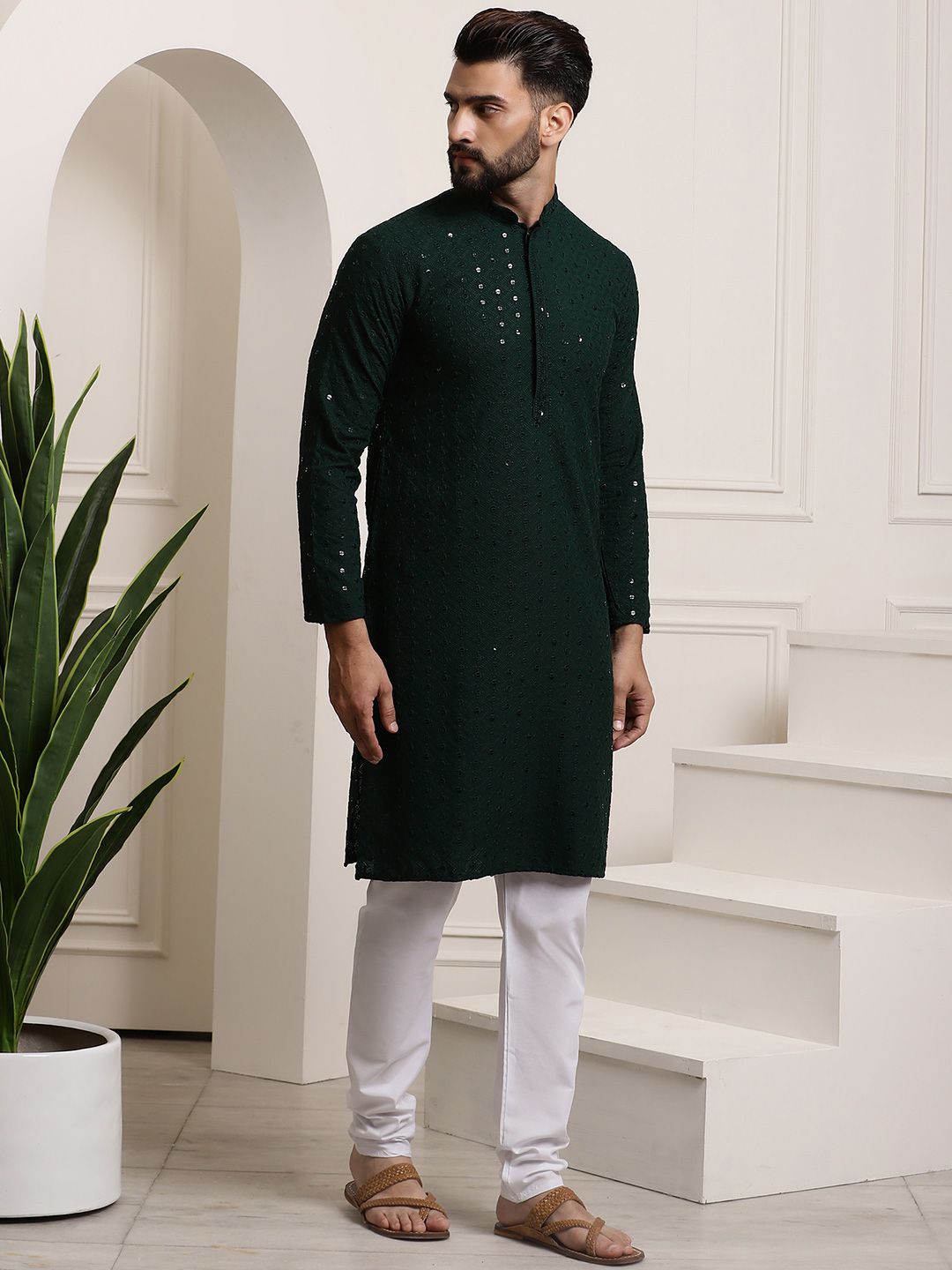 SOJANYA Ethnic Motifs Embroidered Sequinned Pure Cotton Kurta with Churidar