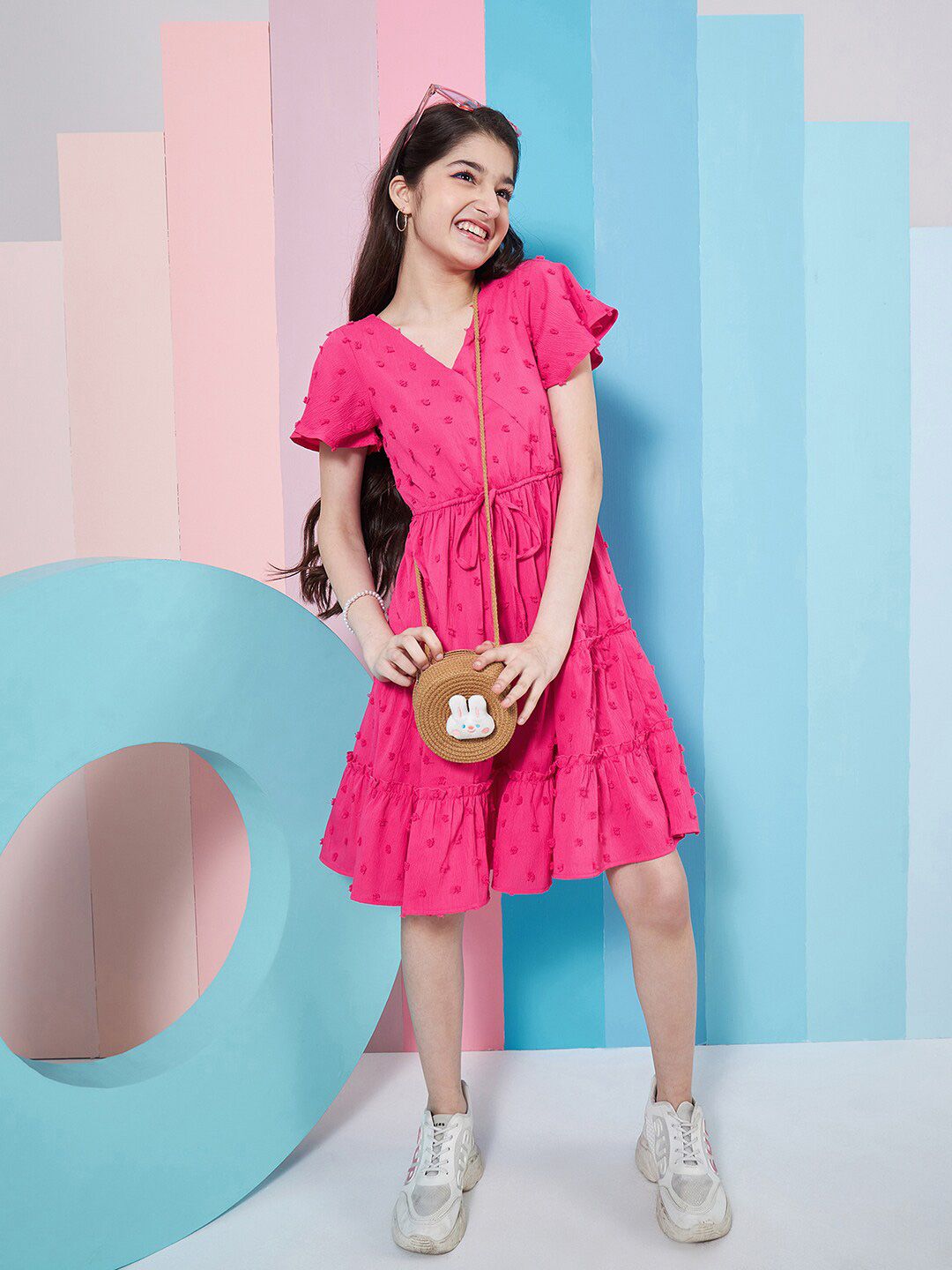 pspeaches Girls Self Design V-Neck Flutter Sleeve Georgette Fit & Flare Dress