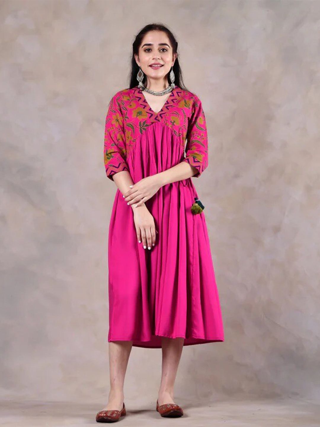 Rustorange Women Pink Floral Rayon A-Line Midi Dress