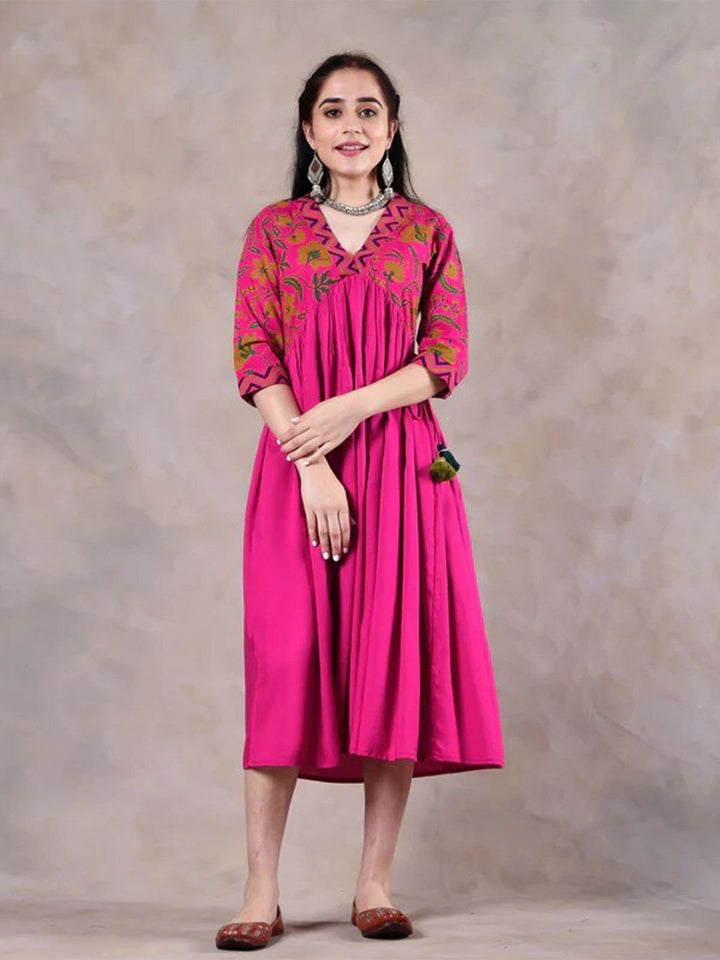 Rustorange Women Pink Floral Rayon A-Line Midi Dress