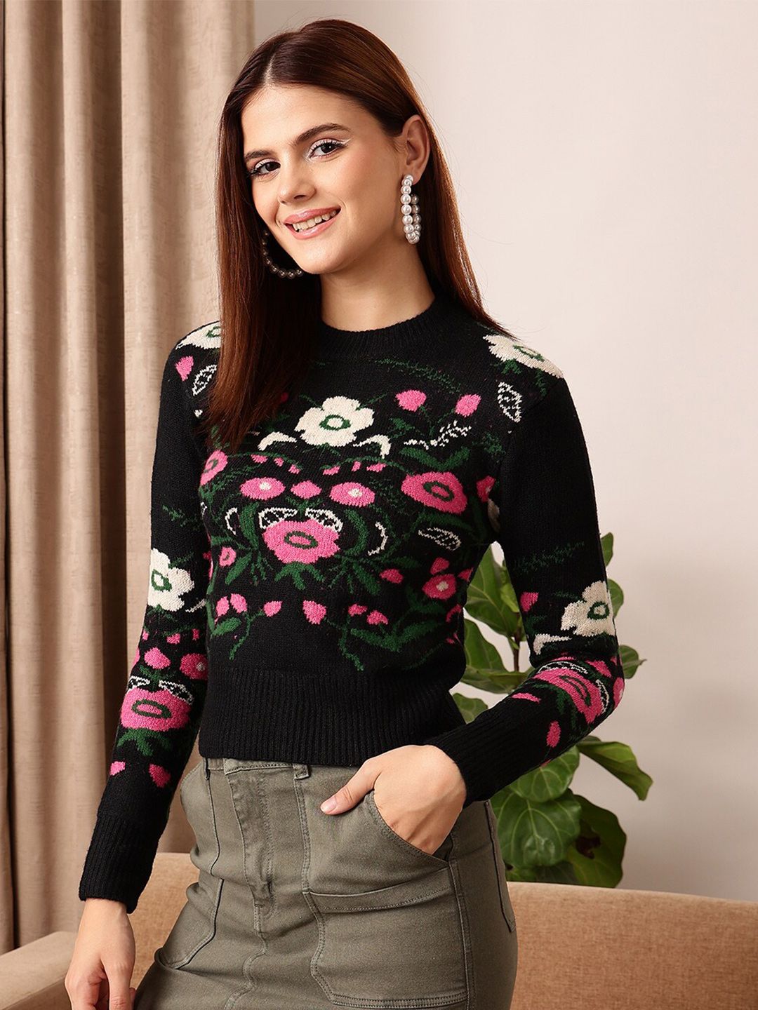 STREET 9 Self Design Acrylic Crop Pullover