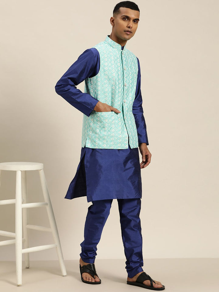 SOJANYA Lelaki Motif Etnik Biru Sulam Benang Kerja Kurta dengan Churidar
