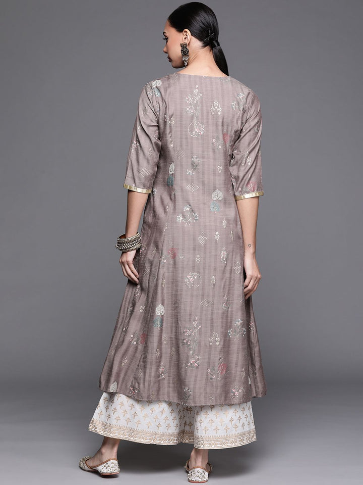 Libas Women Grey & Golden Floral Motifs Printed A-line Kurta with Pocket