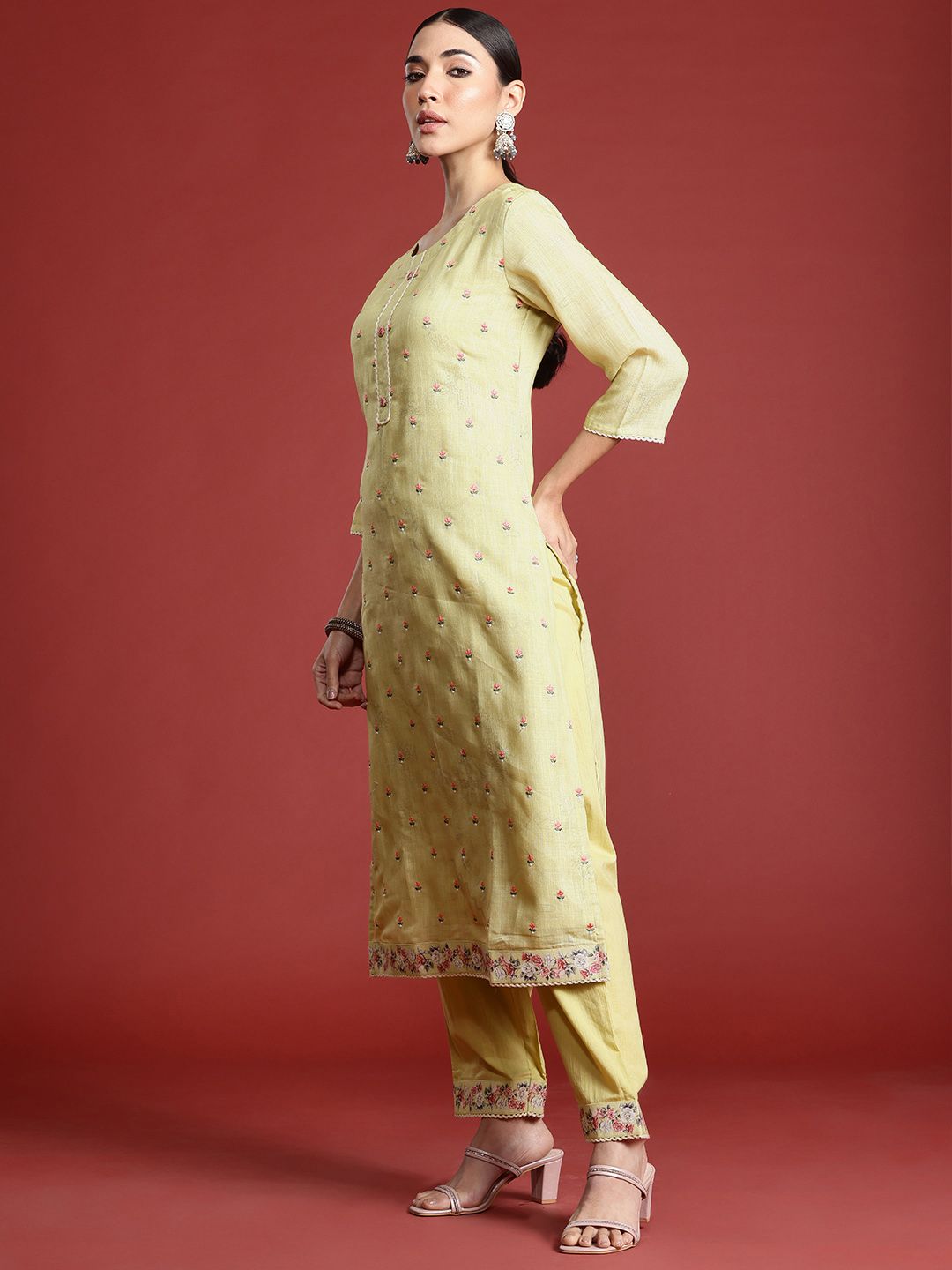 Indo Era Floral Embroidered Thread Work Linen Kurta with Trousers & With Dupatta