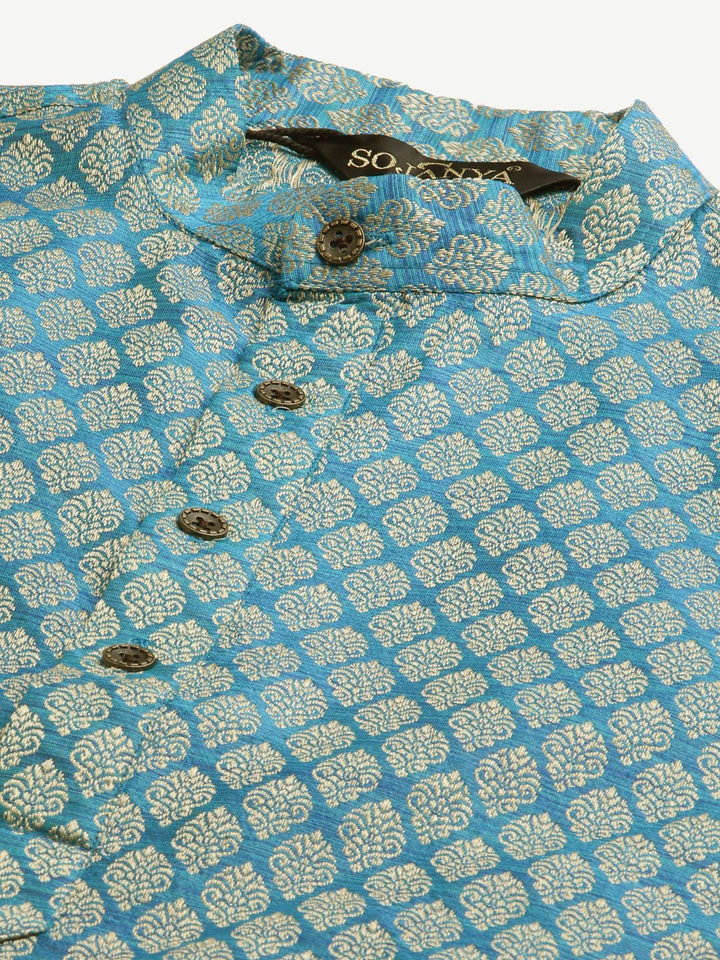SOJANYA Lelaki Kurta Motif Etnik Biru Teal & Mustard Kuning dengan Jaket Churidar & Nehru