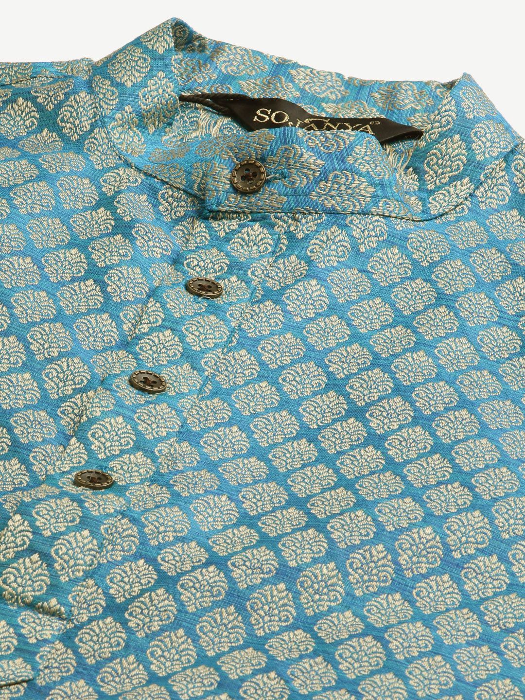 SOJANYA Lelaki Kurta Motif Etnik Biru Teal & Mustard Kuning dengan Jaket Churidar & Nehru