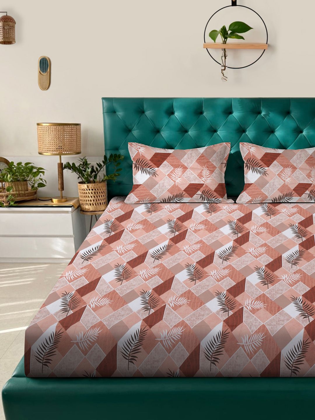 KLOTTHE Rust Leaf Printed Dilengkapi 400 TC Kapas Cadar King & 2 Sarung Bantal