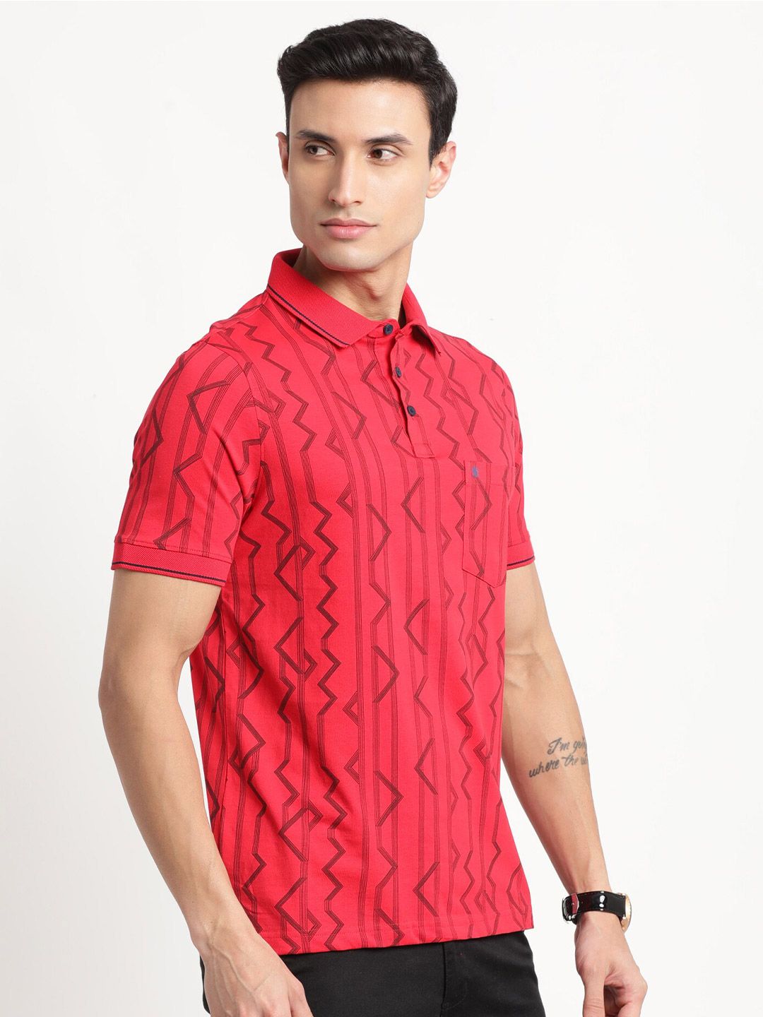 Turtle Slim Fit Geometric Printed Polo Collar Cotton T-Shirt