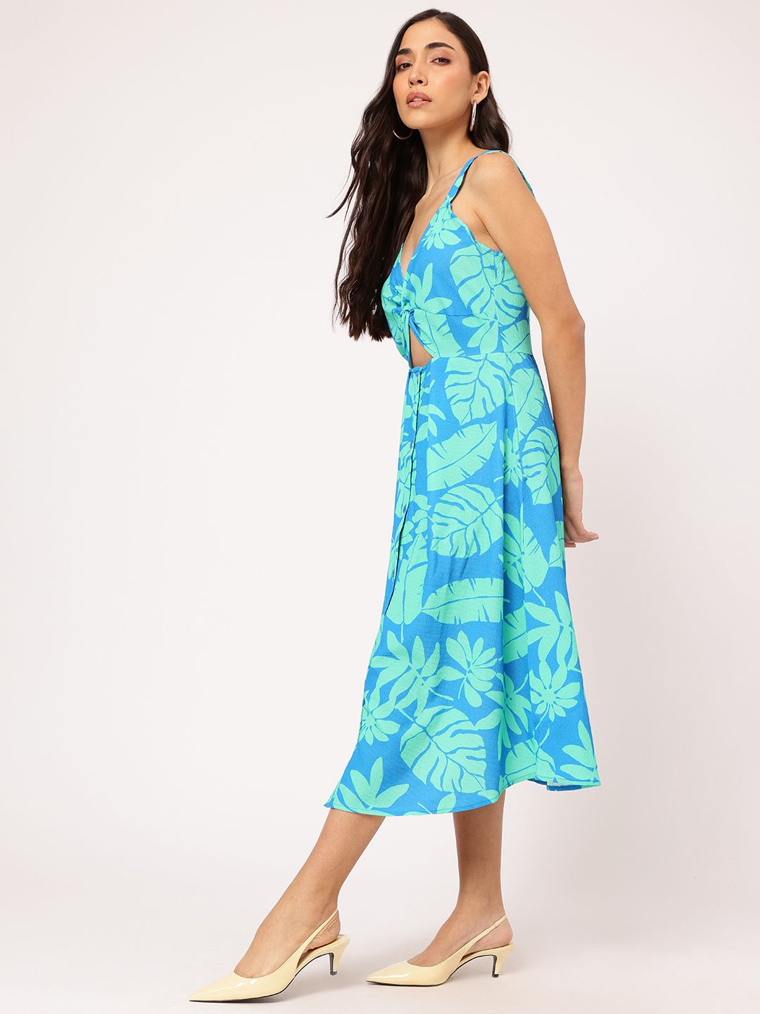 DressBerry Paradise Ready Tropical Printed Shoulder Straps Cut-Out Midi Dress