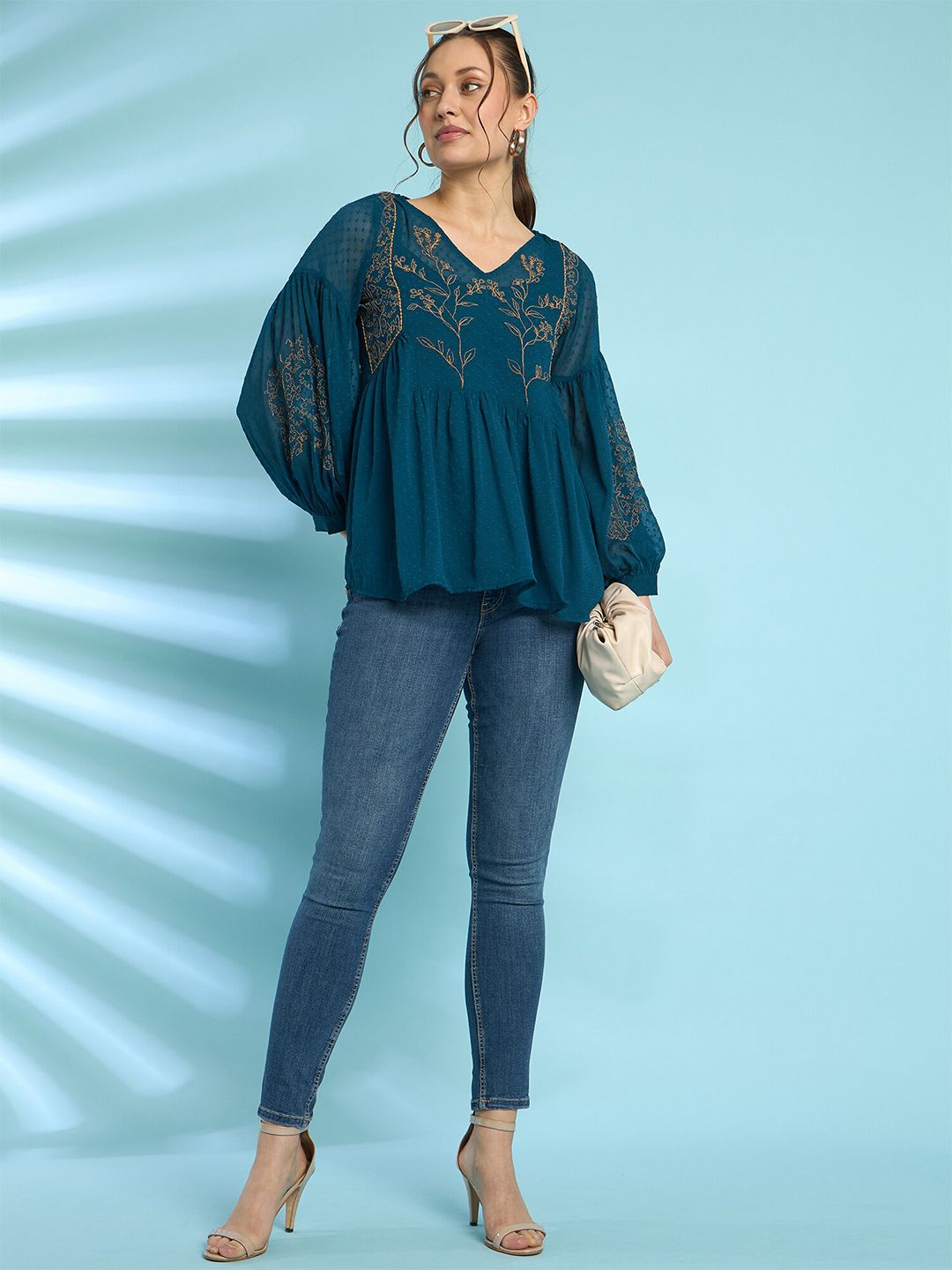 Antheaa Embroidered Bell Sleeve Chiffon Top