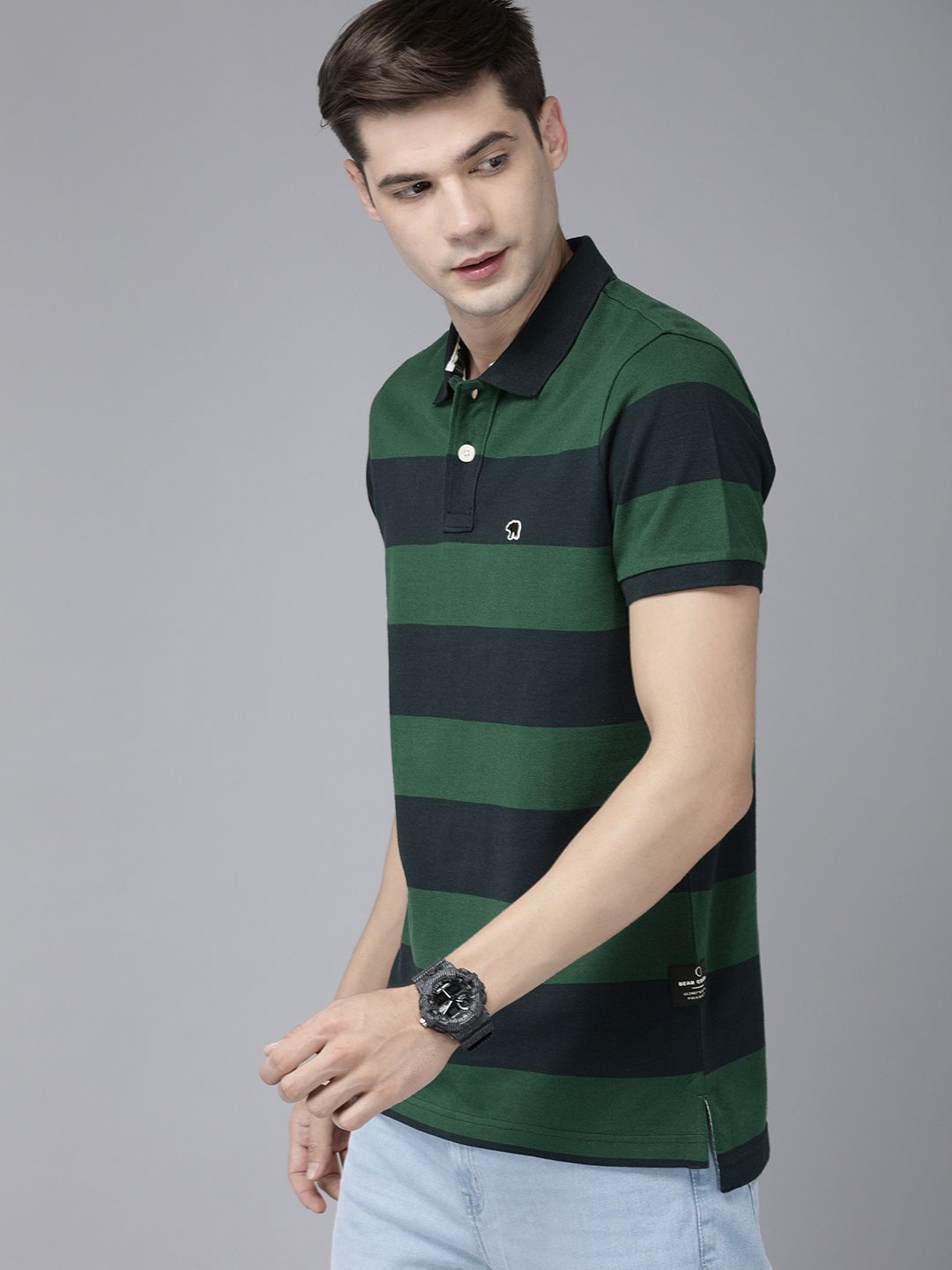 THE BEAR HOUSE Men Navy Blue  Green Striped Polo Collar Slim Fit Pure Cotton T-shirt