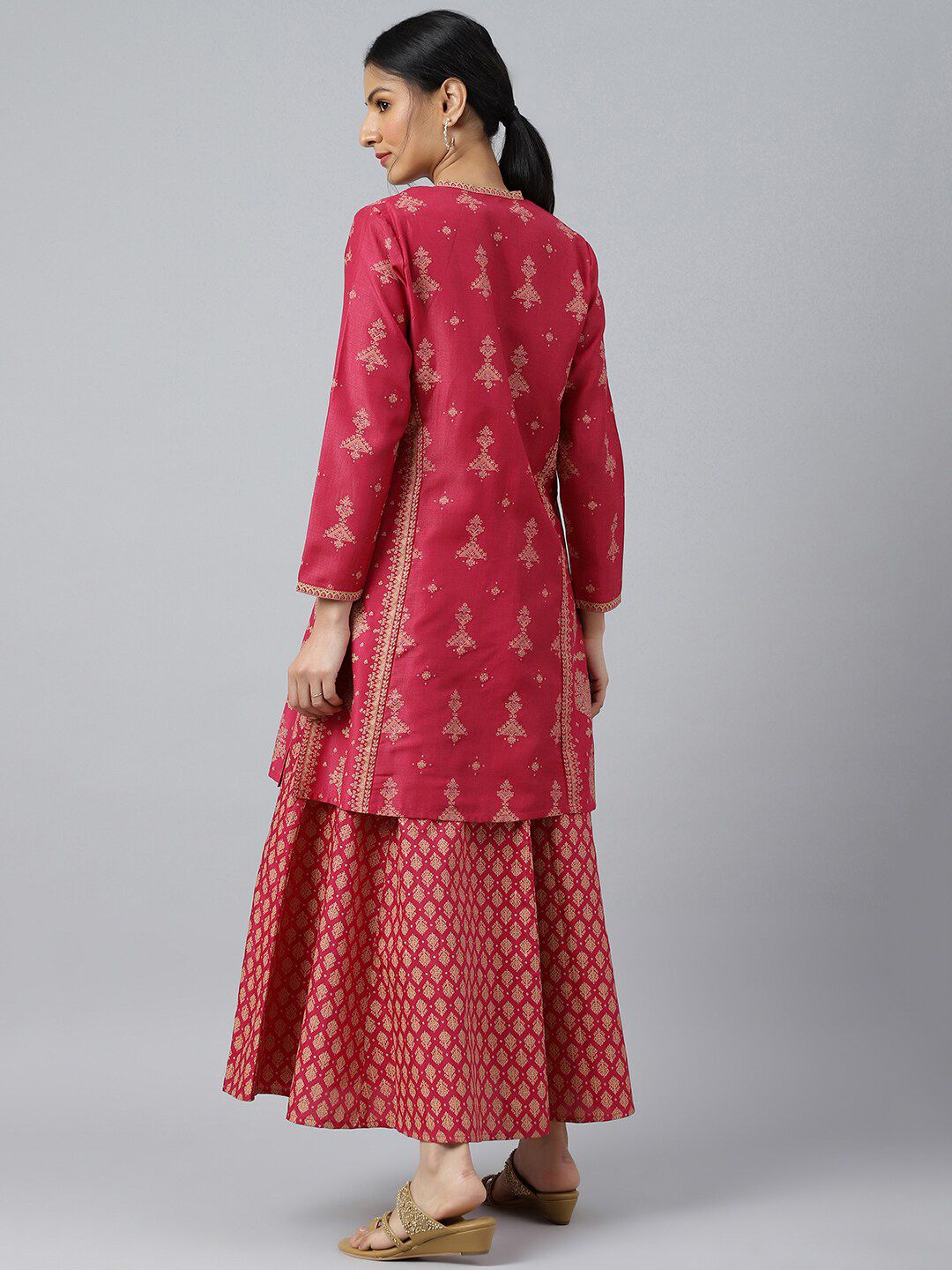 W Pink Ethnic Motifs Chiffon Ethnic Maxi Dress With Tie-Up Waist Coat