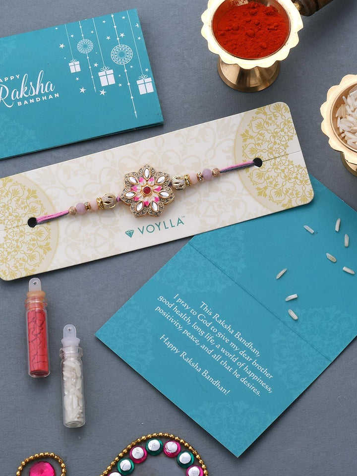 Voylla Meenakari Kundan Embellished Pink Floral Enamel Work Rakhi