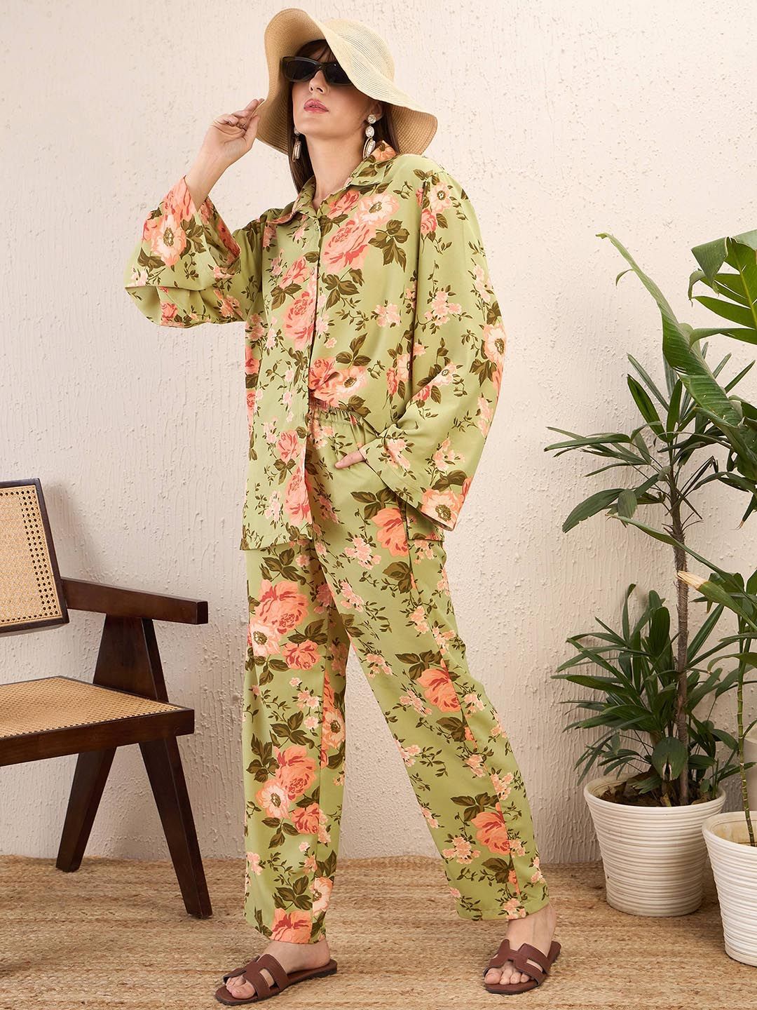 SASSAFRAS Olive Green Floral Printed Shirt & Trousers