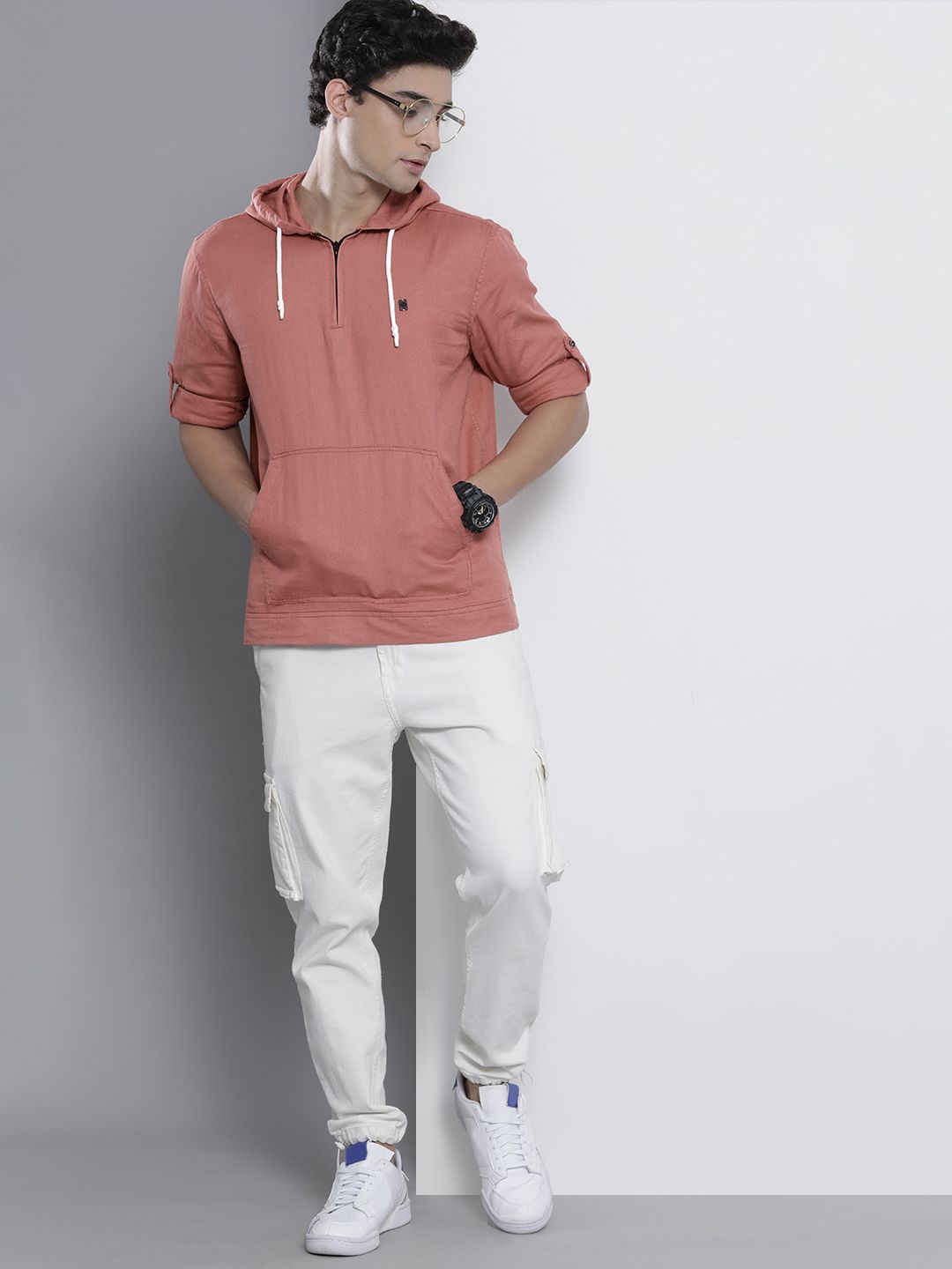 The Indian Garage Co Men Pink Solid Pure Cotton Hooded Sweatshirt-Style Shirt
