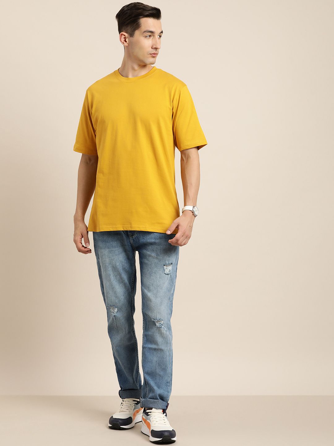 Difference of Opinion Men Mustard Yellow & Coffee Brown Back Print Oversized Cotton Tshirt