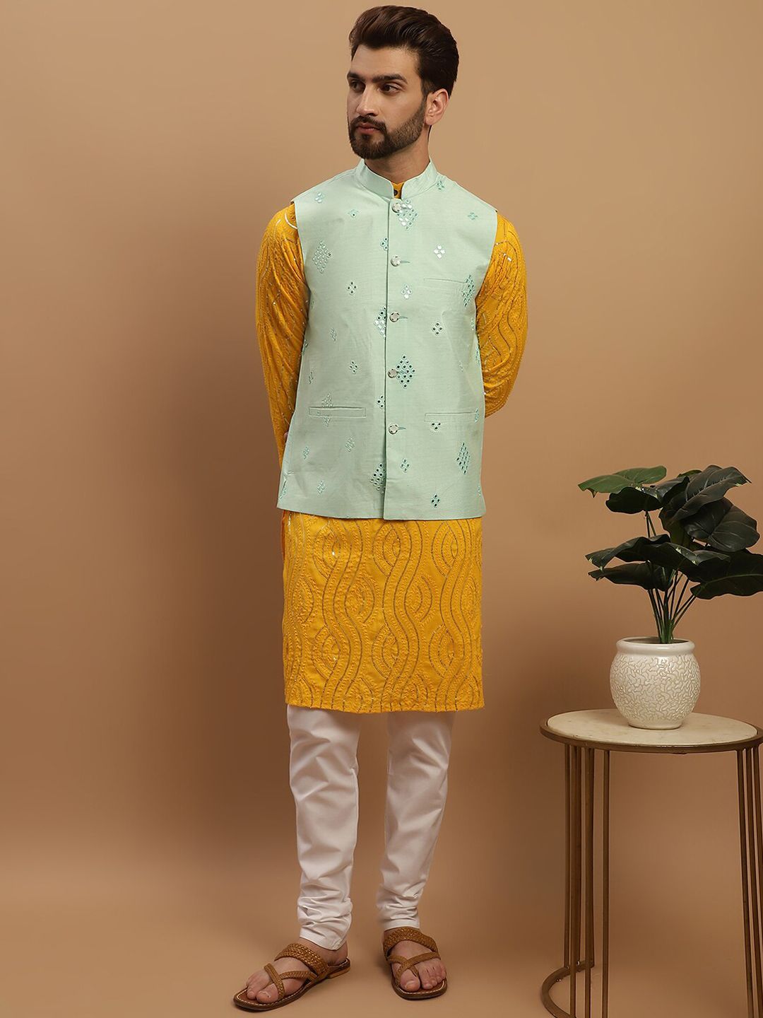 SOJANYA Embroidered Sequinned Pure Cotton Kurta with Churidar & Embroidered Nehru Jacket