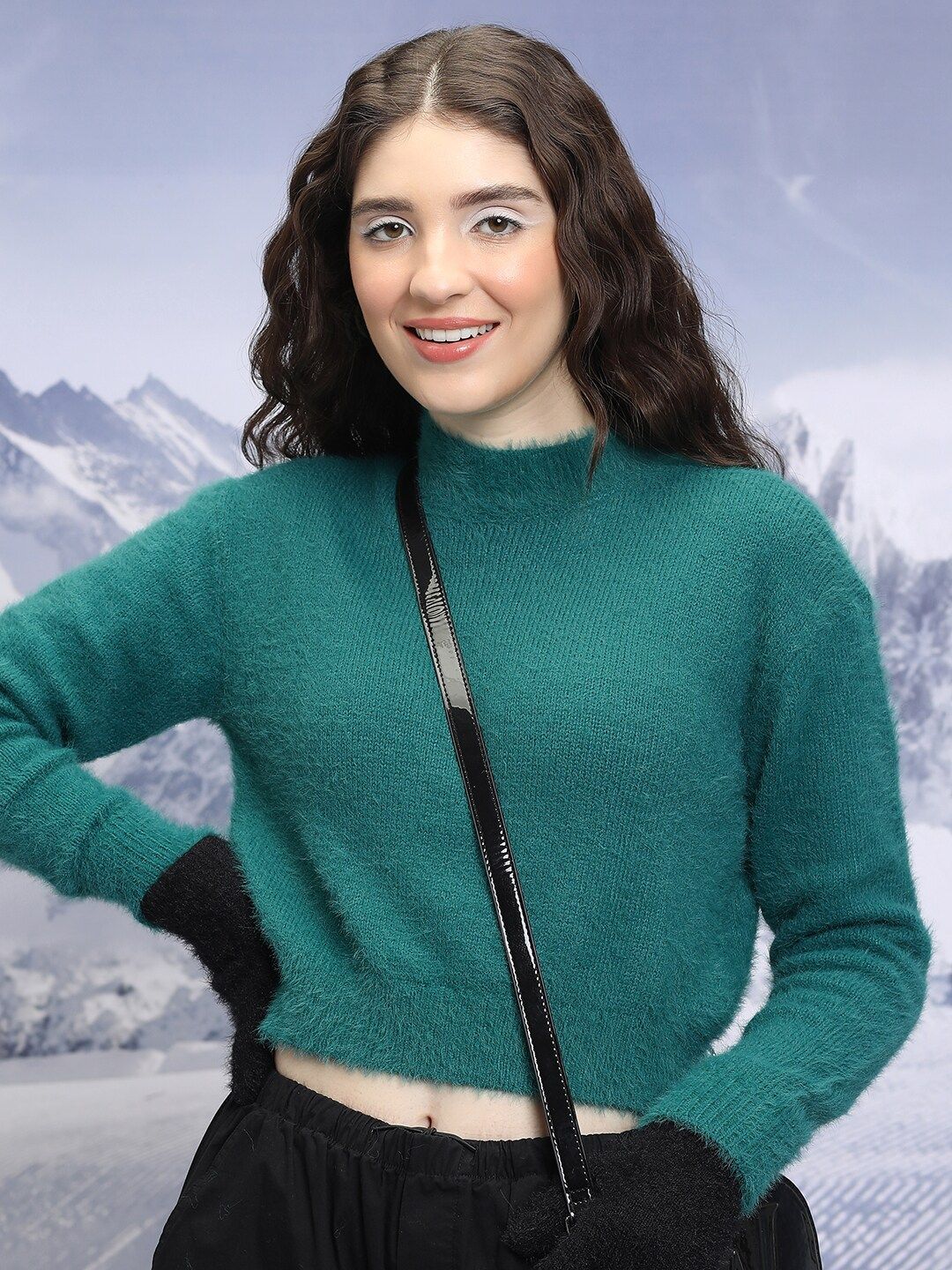 Tokyo Talkies Teal Green Turtle Neck Acrylic Crop Pullover Sweater