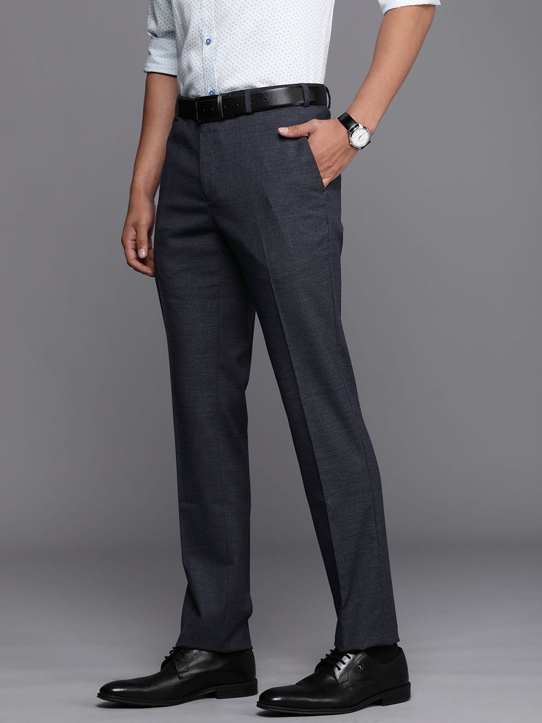 Raymond Men Mid Rise Self Design Textured Slim Fit Formal Trousers