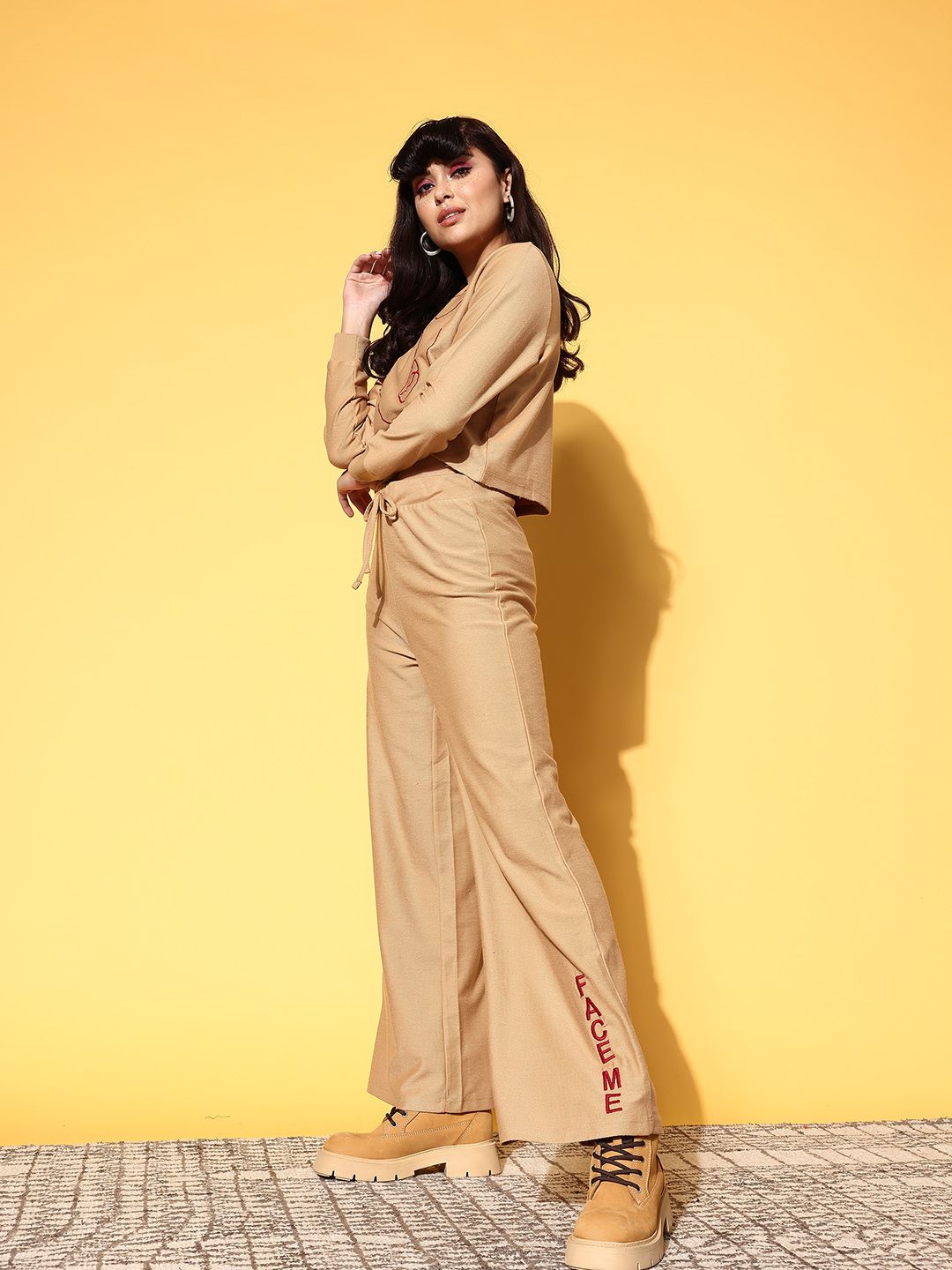 SASSAFRAS Women Classy Beige Self-Design Sweatshirt with Printed Trousers