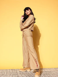 SASSAFRAS Women Classy Beige Self-Design Sweatshirt with Printed Trousers