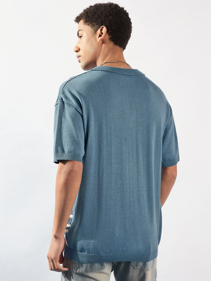 DENNISON Textured Polo Collar Front Open T-Shirt