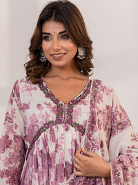 Vishudh White Floral Printed V-Neck Thread Work Pure Cotton Kurta with Trousers & Dupatta